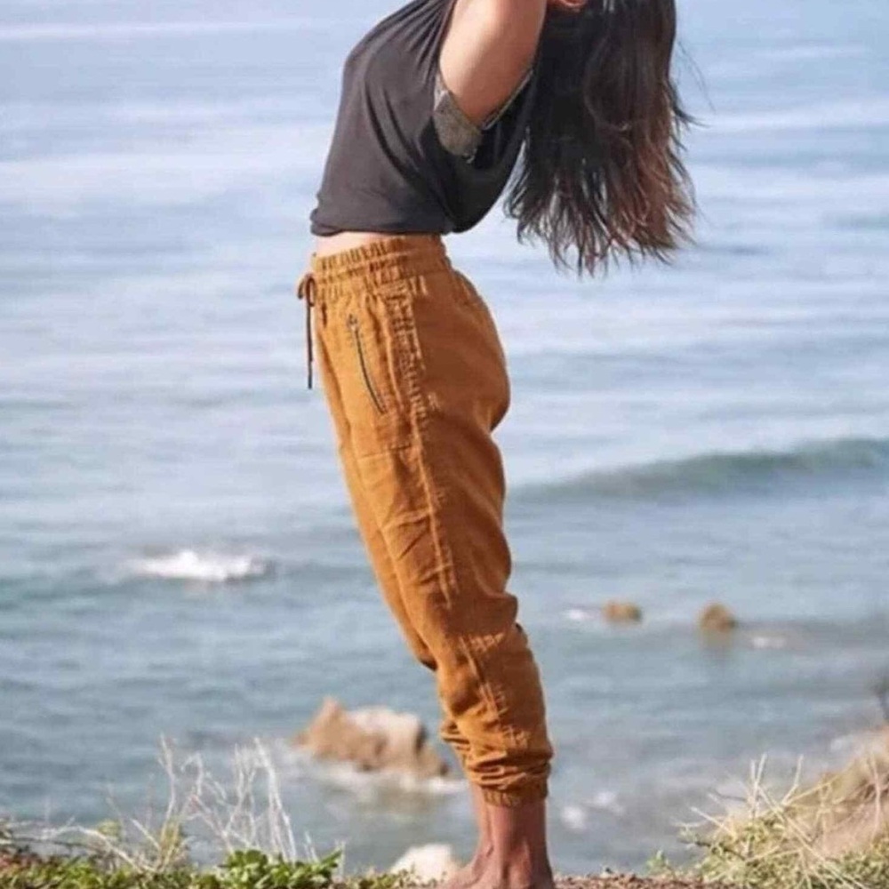 Athleta Cabo Linen Joggers Mustard Brown 4